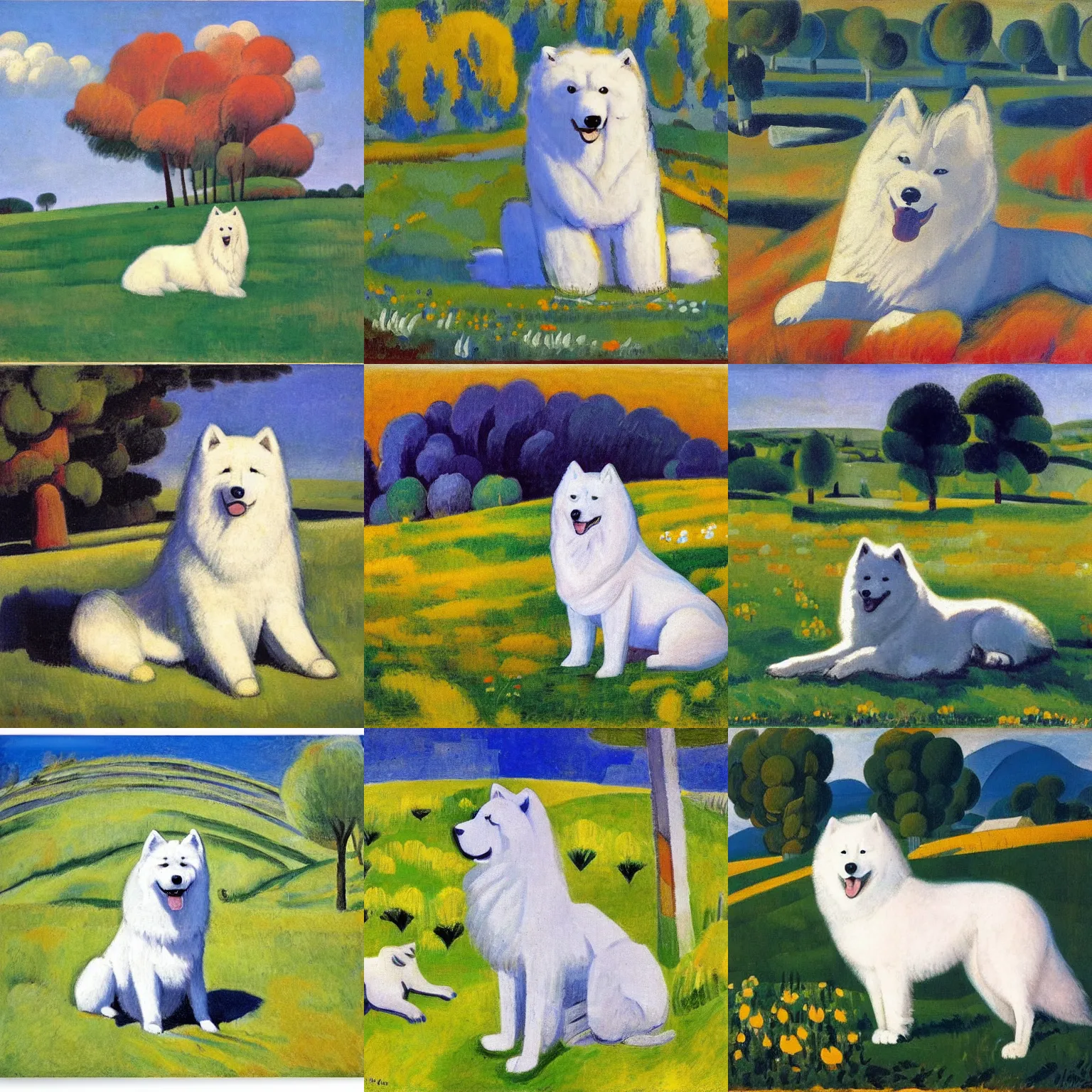 Prompt: a samoyed dog sitting in the middle of sunny meadow, by martiros saryan