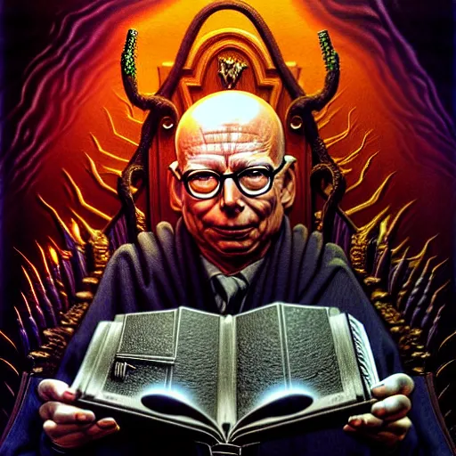 Image similar to uhd photorealistic dark scifi illustration of klaus schwab at a demonic altar, reading the necronomicon, wearing bizarre voodoo makeup. cinematic lighting, intricate voodoo makeup, in the style of akira toriyama, beksisnski, amano and karol bak, evil, fantasy, hyperdetailed.