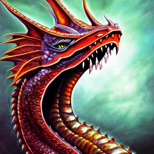 Image similar to dragon head painting, fantasy style, highly detailed, intense