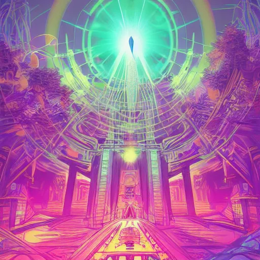 Image similar to mystical psychedelic poster with shaded lighting in the style of andriod jones, radiant light, detailed and complex environment, solace, beautiful, utopic astral city in the sky with many buildings and temples reflecting an modern city on the ground with old growth pine trees, overlaid sacred geometry, with implied lines, gradient of hot pink and neon baby blue