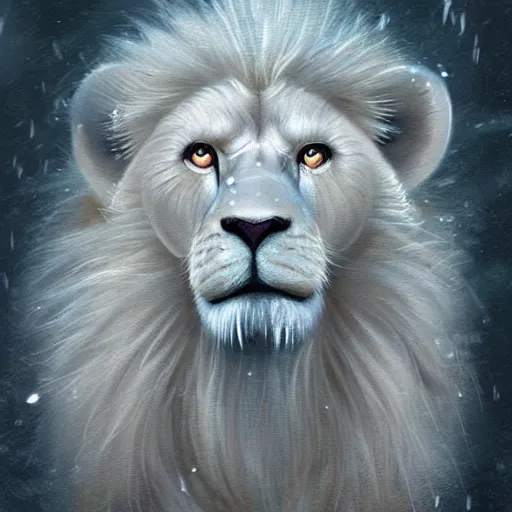 Image similar to aesthetic half body portrait commission of a albino male furry anthro lion wearing gym clothing at an athletic track during a storm, detailed face , hyperdetailed, snowy winter atmosphere. Character design by charlie bowater, ross tran, artgerm, and makoto shinkai, detailed, inked, western comic book art, 2021 award winning painting