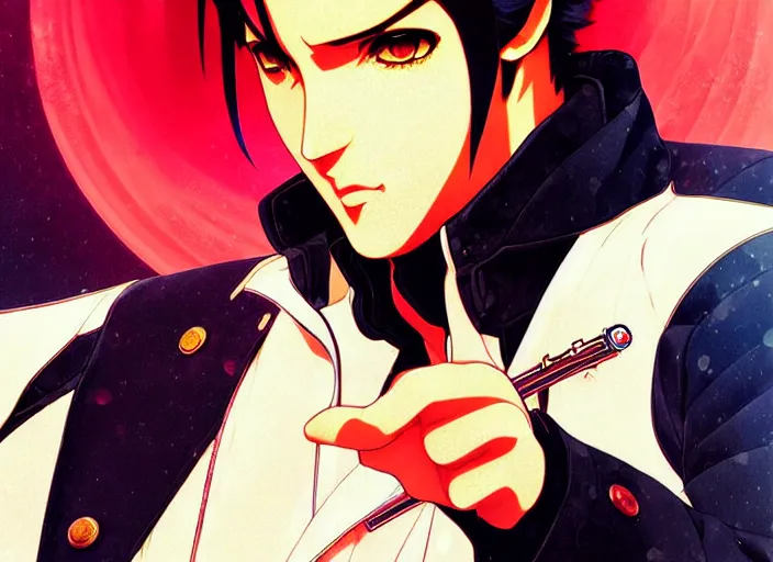 KREA - hyper detailed comic illustration of a steampunk anime Elvis Presley  wearing goggles and an intricate Victorian jacket, markings on his face, by  Android Jones intricate details, bright vibrant colors ,