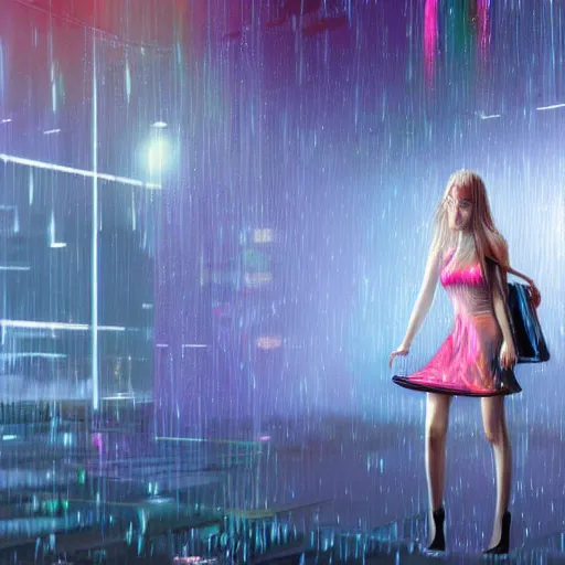 Prompt: hyperdetailed realistic digital painting of a beautiful wet girl wearing a short skirt in the rain interacting with a holographic interface on a wall in a future cyber punk style city trending on art station