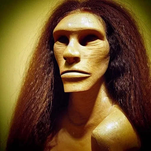 Prompt: “ pretty primitive Neanderthal woman posing as a model”