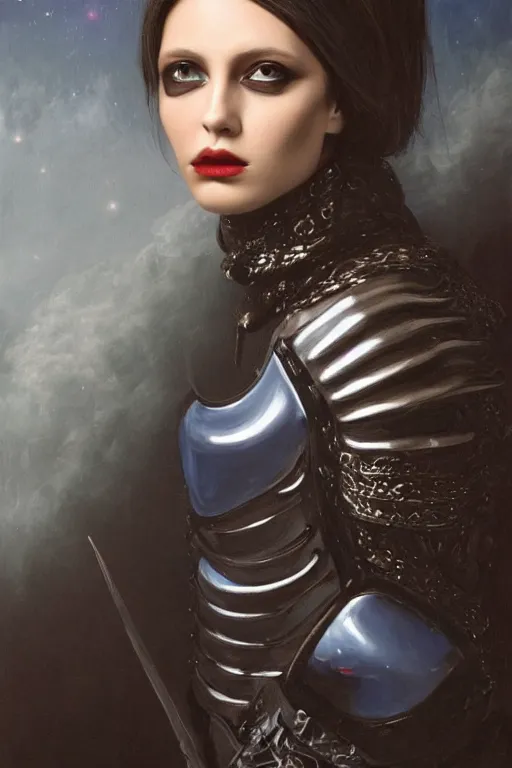 Image similar to hyperrealism oil painting, close - up portrait of european medieval brunette vampire fashion model, knight, steel gradient mixed with nebula sky, in style of baroque