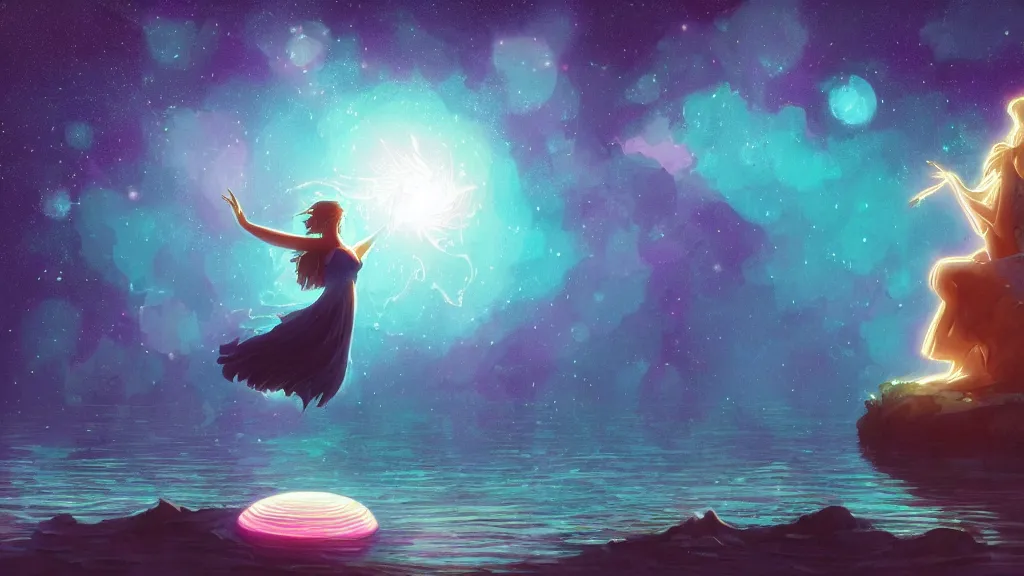 Image similar to a beautiful whimsical goddess floating above a lake basking in the moonlight, casting a spell, underneath a multi-colored binary blackhole with an accretion disc, glowing trails following her arms, acidwave, by Lois van Baarle, by Greg Rutkowski, by artgerm, by beeple, by studio ghibli, cinematic angle, volumetric lighting, 4k resolution, octane render, trending on artstation, masterpiece