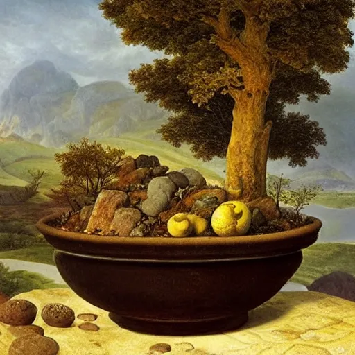 Image similar to still life of a stone bowl containing a miniature landscape, surrealism, photorealistic, river and trees and hills, extremely detailed, by clara peeters and rob gonsalves and caspar david friedrich