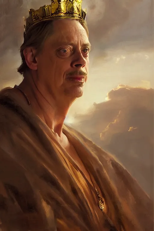 Image similar to beautiful expressive oil painting portrait of ancient roman god emperor steve buscemi ascending wearing the civic crown levitating in religious pose, art by anders zorn, wonderful masterpiece by greg rutkowski, beautiful cinematic light, american romanticism by greg manchess, jessica rossier