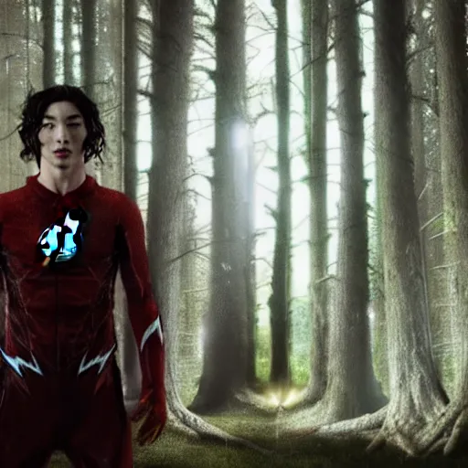 Image similar to terrifying ezra miller as flash forest scenery, full moon, illuminated lighting, highly detailed, 4 k