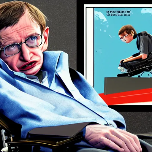 Image similar to Stephen Hawking in GTA 5, cover art by Stephen Bliss, boxart, loading screen