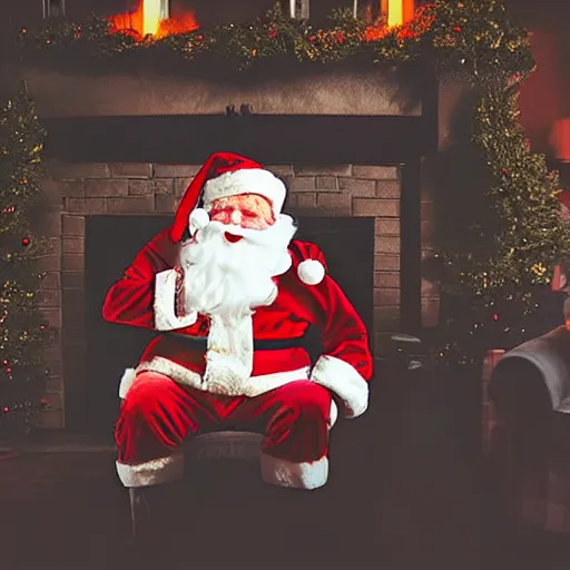 Prompt: A sinister warped evil-looking Santa Claus grinning at the camera, peeking his head from the inside of a chimney into a family living room on Christmas night, security camera footage, grainy footage, wide overhead shot, dark, night camera, hyperrealistic