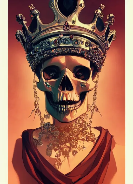 Prompt: a skull with the crown of a king next to it, in the style of artgerm, charlie bowater, sam guay, atey ghailan and mike mignola, vibrant colors and hard shadows and strong rim light, plain background, comic cover art, trending on artstation