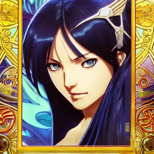 Image similar to highly detailed vfx portrait of nico robin by eiichiro oda, makoto shinkai, alphonse mucha, sharp focus, art by artgerm and greg rutkowski!, backlit, harsh overhead sunlight, blue eyes, stanley kybric, makoto yukimura, takeshi obata, pixiv, fanbox,