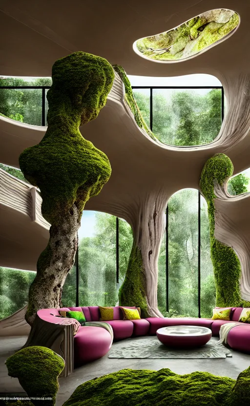 Image similar to highly detailed villa natural beautiful light interior soft cinematic composition of a smooth ceramic porcelain biomorphic magnolia stone nebula fluid sci - fi surreal colorful architecture landscape, furniture, granite, trees, marble, moss, lichen, fungi, vincent callebaut composition, mamou - mani, archviz, 8 k, unreal engine, hdr