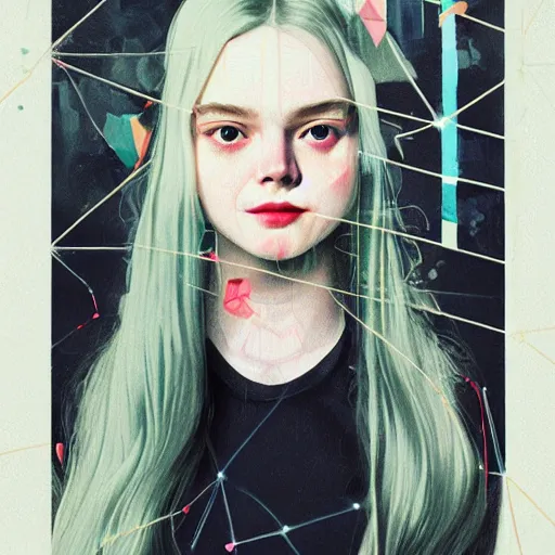 Image similar to Elle Fanning transcending into artificial intelligence picture by Sachin Teng, asymmetrical, dark vibes, Realistic Painting , Organic painting, Matte Painting, geometric shapes, hard edges, graffiti, street art:2 by Sachin Teng:4