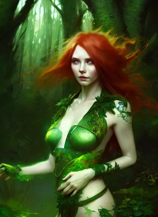 Image similar to stunningly beautiful female green and ginger hair, fantasy art, fae priestess, lush forest landscape, dark light night, sharp focus, digital painting, 4 k, concept art, art by wlop, artgerm, greg rutkowski and alphonse mucha