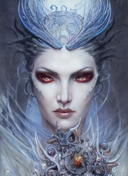 Image similar to a highly detailed airbrush painting of an evil female fantasy sorceress with piercing beautiful eyes, art by karol bak and mark brooks and donato giancola and bayard wu, 4 k, 4 0 9 6, hires, focus
