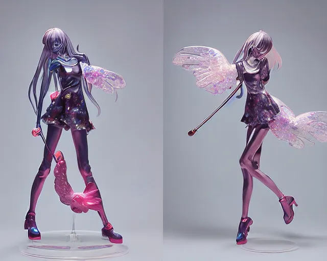 Prompt: James Jean and Ilya Kushinov isolated magical girl vinyl figure, figure photography, holographic undertones, glitter accents on figure, anime stylized, high detail, ethereal lighting - H 640