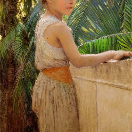 Image similar to a ultradetailed beautiful painting of a girl in the amazonas palace balustrade designed by jules bastien - lepage, hans belmer, frank weston and gustave baumann, beach, trending on artstation, mediterranean, palm trees, detailed face, sharp focus, soft light, 8 k 4 k