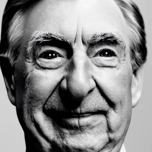 Prompt: symmetrical, close up face portrait of mr rogers, scowling, studio lighting, depth of field, photography, black and white, highly detailed