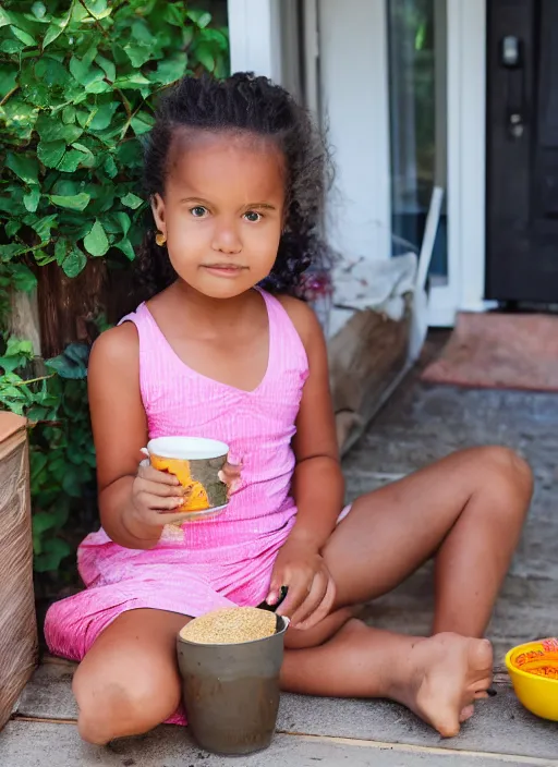 Image similar to girl sitting on porch eating porridge