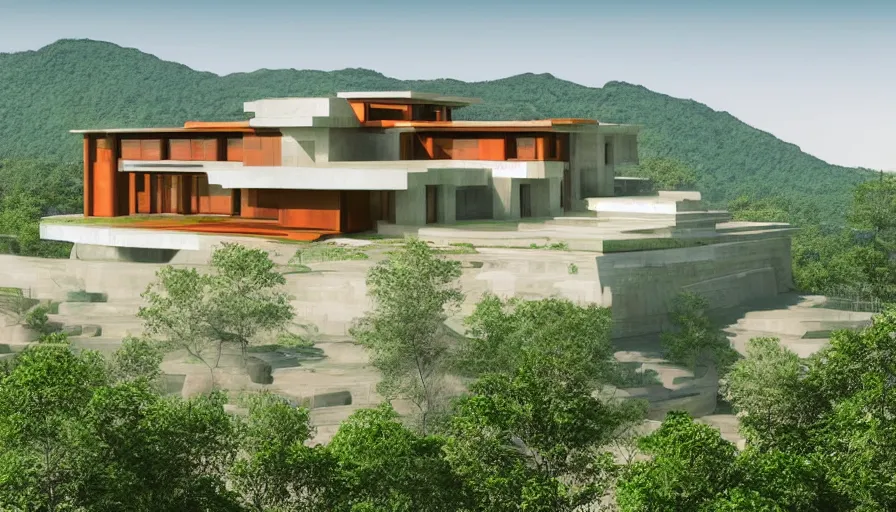 Prompt: modern temple house inspired by tibetan architecture, on a green hill, overlooking a valley with trees, frank lloyd wright, realistic render, birdseye view