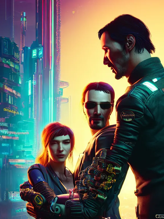 Image similar to a cyberpunk 2077 couple portrait of Keanu Reeves and V ,love story , lots of electric cable behind them connected to giant computer,film lighting,by laurie greasley,Lawrence Alma-Tadema,William Morris,Dan Mumford,trending on atrstation,FAN ART,full of color,Digital painting,highly detailed,8K, octane,golden ratio,cinematic lighting