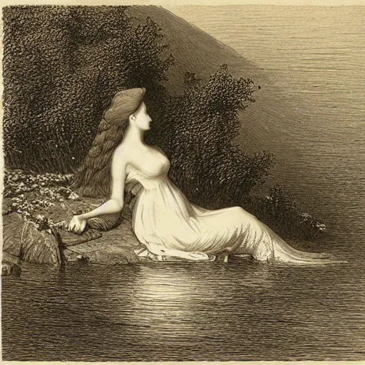 Image similar to a beautiful woman at a lake, illustration by Gustav Doré