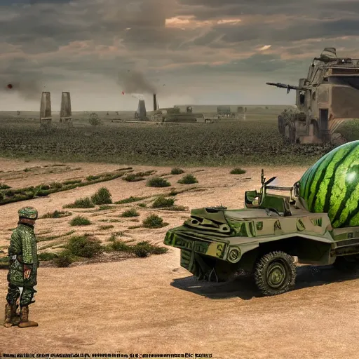 Image similar to Very very very very highly detailed fantastic Watermelon as military vehicle with epic weapons, on a battlefield in russian city as background. Less Watermelon a lot more military vehicle, Photorealistic Concept 3D digital art in style of Caspar David Friedrich, super rendered in Octane Render, epic dimensional light