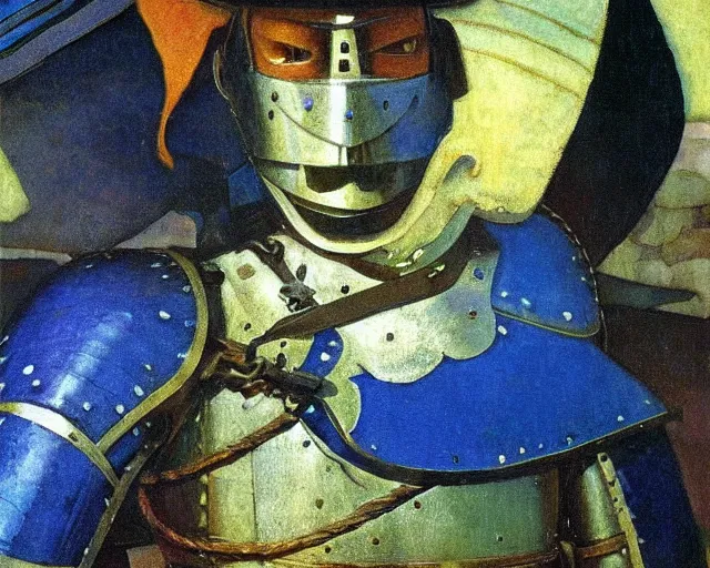 Image similar to knight in blue armour by n. c. wyeth, high detail,