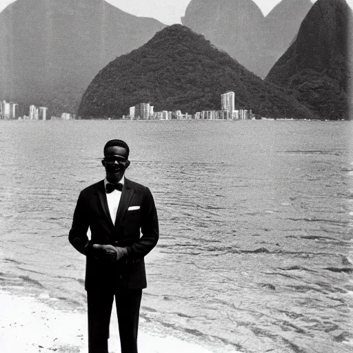 Image similar to vintage photo of a black man wearing a black suit in front of rio de janeiro