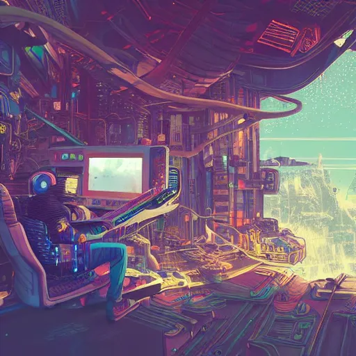 Prompt: Stunningly detailed illustration of a cyberpunk explorer playing video games in his treehouse, highly detailed, 4k octane render, by Victo Ngai, James Gilleard , Moebius, Laurie Greasley