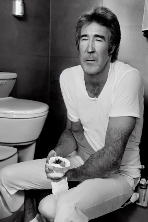 Prompt: randy mantooth in white underpants, holding melted chocolate, sitting in a dirty toilet