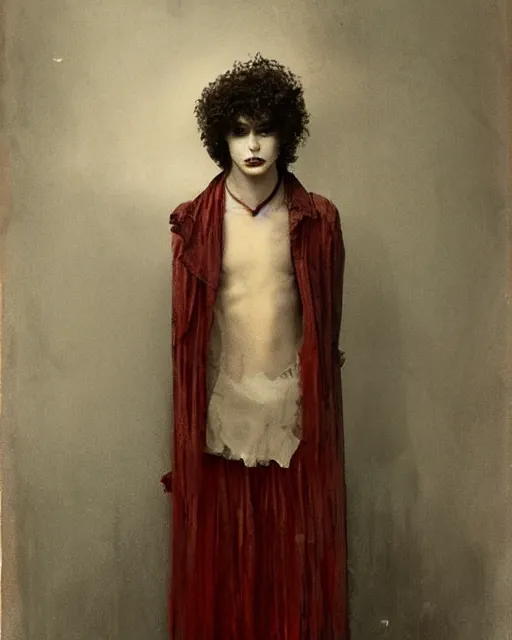 Image similar to a handsome but sinister and creepy young man in layers of fear, with haunted eyes and curly hair, 1 9 7 0 s, seventies, delicate embellishments, a little blood, crimson, painterly, offset printing technique, by alexandre cabanel