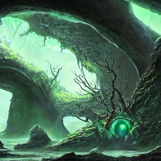 Prompt: a scary portal glowing green portal to another world in darwin's arch in the galapagos islands, elden ring landscape, d & d, fantasy, intricate, elegant, highly detailed, digital painting, artstation, concept art, matte, sharp focus, illustration, art by hayao miyazaki