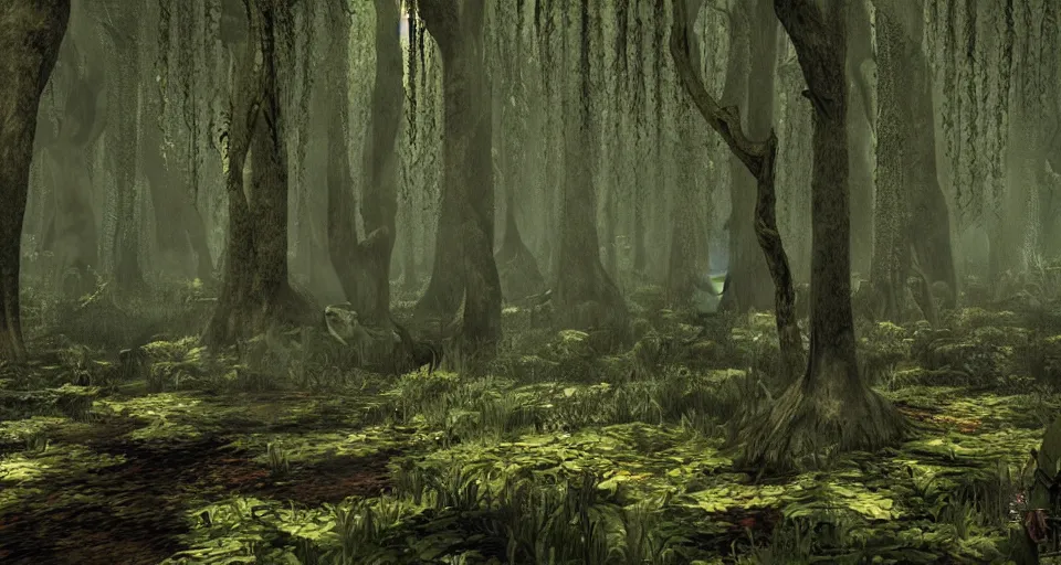 Image similar to A dense and dark enchanted forest with a swamp, from Warcraft