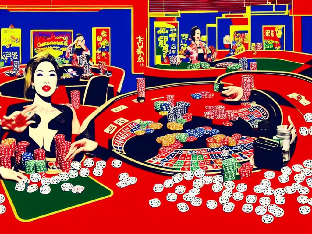 Image similar to hyper - realistic composition of a room in a casino with an extremely detailed poker table, croupier in traditional japanese kimono standing nearby fireworks in the background, pop art style, jackie tsai style, andy warhol style, acrylic on canvas