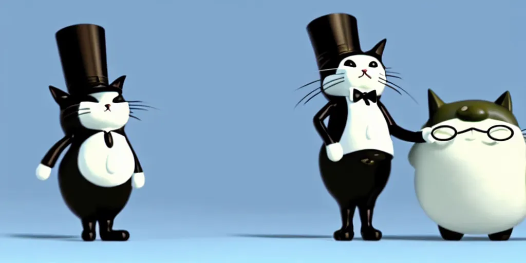Prompt: a wholesome animation key shot of a cute cat with a monocle and top hat studio ghibli pixar and disney animation sharp render