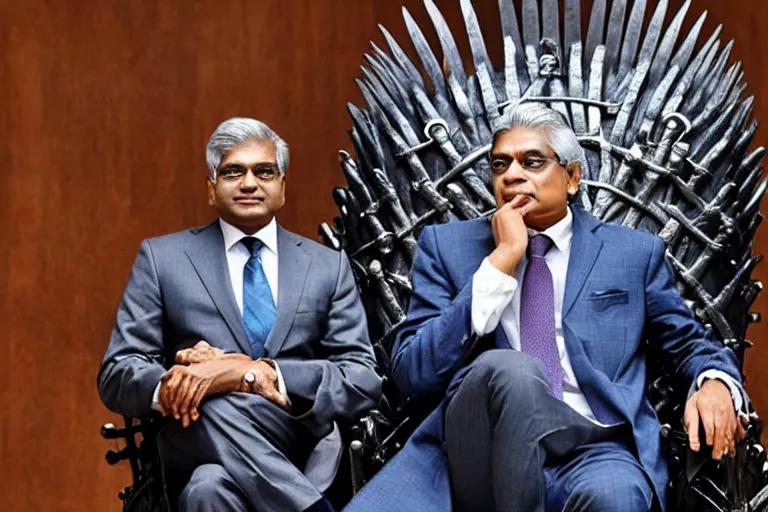 Prompt: Ranil Wickramasinghe sitting on the iron throne, closeup photograph, wearing a suit