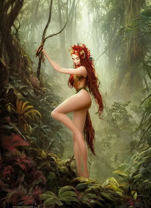 Image similar to A beautiful digital painting of a jungle princess in the mirkwood forrest looking at the camera by Stanley Artgerm Lau, frank frazetta, Rossdraws, James Jean, gerald brom, Andrei Riabovitchev, Marc Simonetti, and Sakimichan, trending on artstation