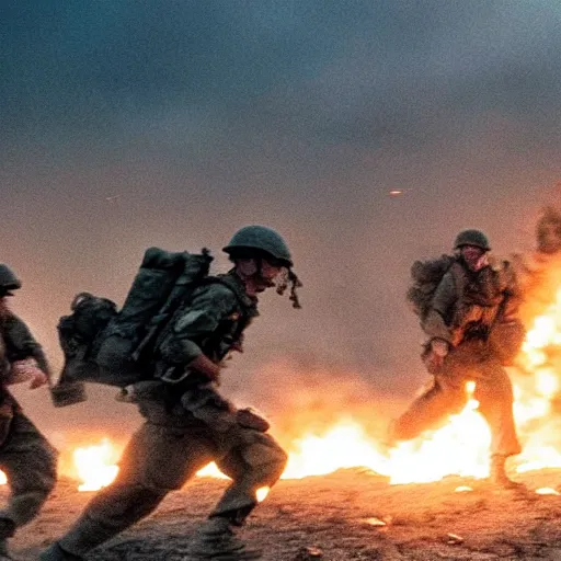 Image similar to american soldiers running at the camera during normandy beach landing with fiery explosions and debris all around them in the style of the movie lone survivor and saving private ryan, gritty, 4 k, cinematic lighting,