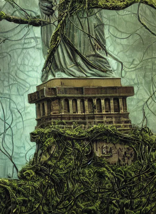 Image similar to hyper detailed oil painting of the statue of liberty; cracked, decaying, covered in moss and vines; thunderstorm; moody cinematic lighting, painted by Greg Rukowtski, trending on Artstation