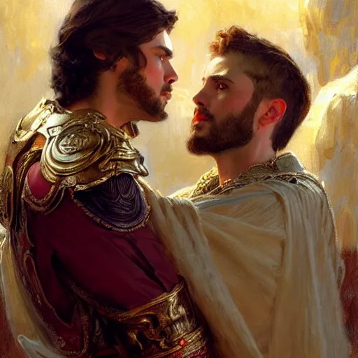 Image similar to attractive fully clothed king confesses his love for his attractive fully clothed male prince. highly detailed painting by gaston bussiere, craig mullins, j. c. leyendecker 8 k