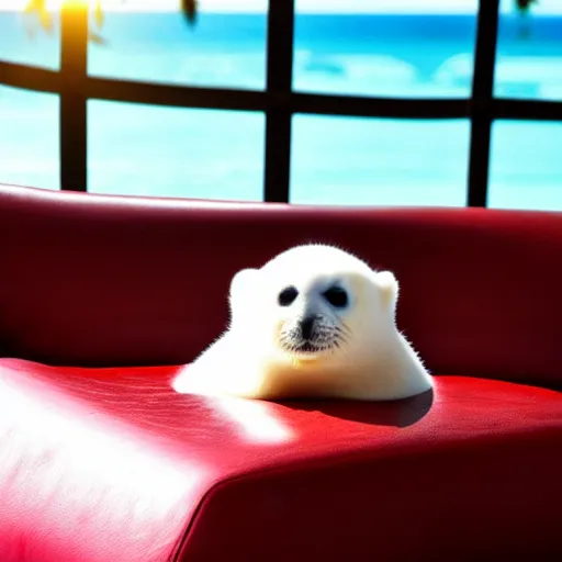 Image similar to a baby harp seal holding a box marked top secret in red letters, sitting on a beautiful leather chair at a luxury resort, palm trees outside the windows, panasonic, photo, gentle bokeh