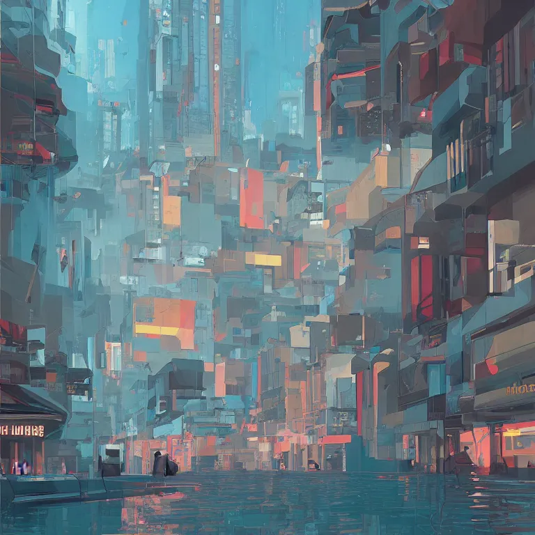 Image similar to morning flood in an empty city, , painted by James Gilleard, airbrush