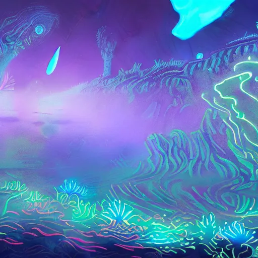 Image similar to an underwater alien ocean, filled with bioluminescence, twirling glowing sea plants, neon colors, and a mystical misty glow, ethereal, detailed, fantasy illustration
