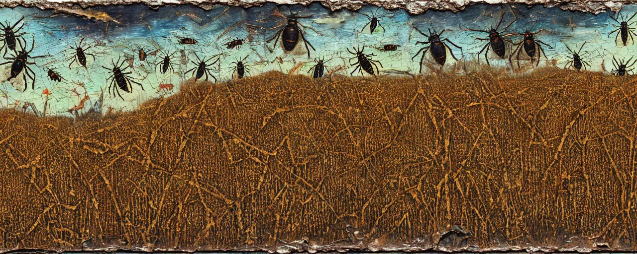 Image similar to strange giant insects, beetles and flies, swarming in a cornfield, oil painting by max ernst and anselm kiefer, decay, mixed media, textured, sharp focus, highly detailed, photographic emulsion cracked and peeling, rust, cinematic lighting, 8 k, hd