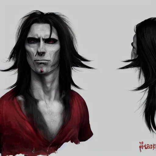 Image similar to a vampire, male, mid - 3 0 s aged, long black hair, clean shaven, in red and black, high fantasy, realistic, highly detailed, concept art, 8 k.