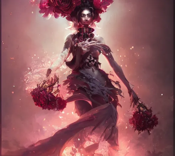 Prompt: beautiful girl necromancer covered with crystals exploding blood, 3 d render, hyper realistic detailed portrait, holding magic flowers, ruan jia, wlop. scifi, fantasy, hyper detailed, octane render, concept art, peter mohrbacher