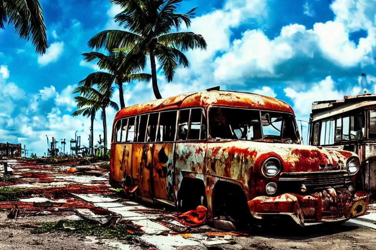 Prompt: wide angle shot of dilapidated fallout 5 miami, tropical coastal city, desolate, dilapidated, just a rusted retro futuristic vintage parked vehicles like cars, buses, trucks, trams, sunny weather, few clouds, volumetric lighting, photorealistic, daytime, spring, sharp focus, ultra detailed, technicolour 1